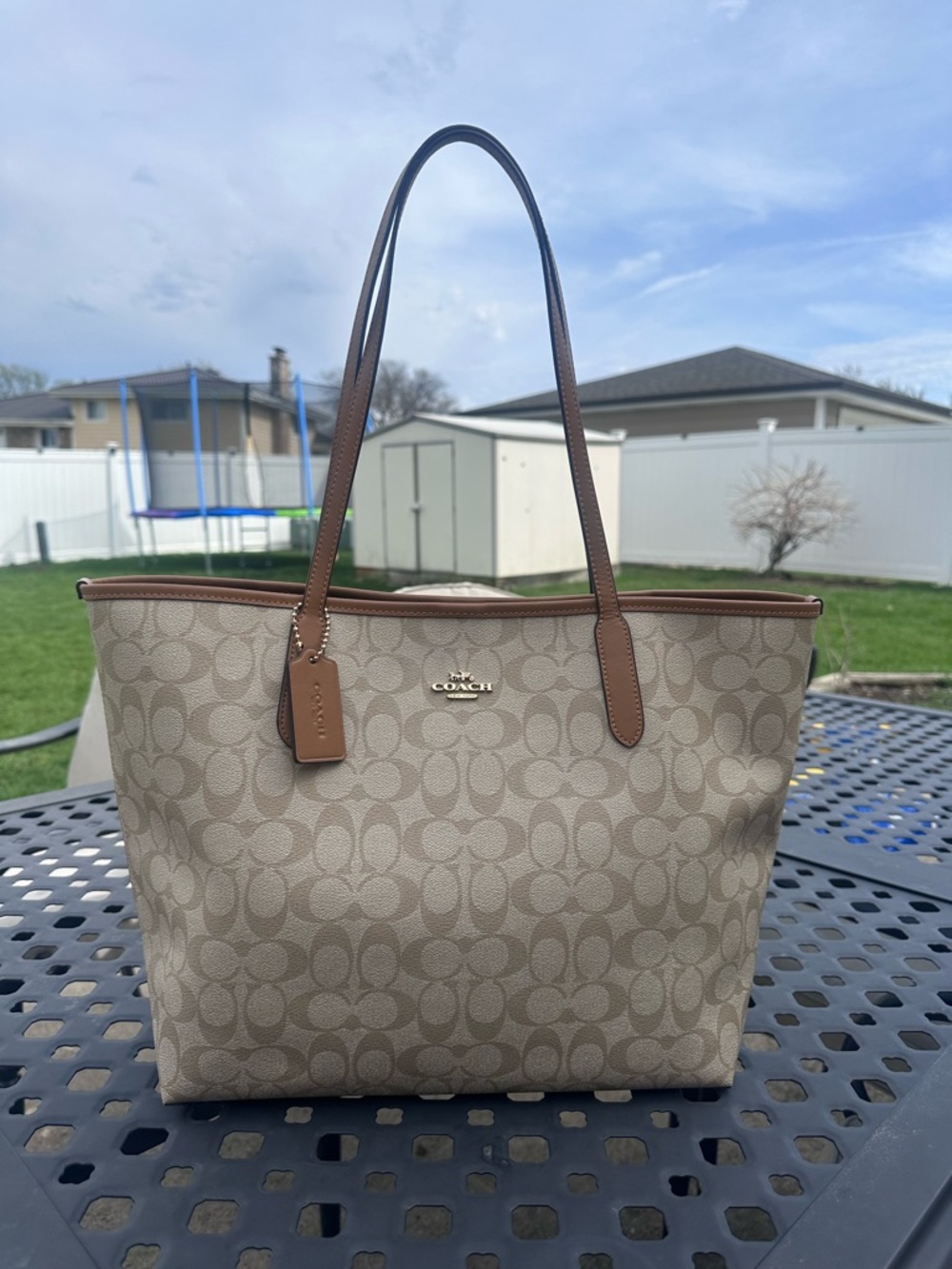 Coach Beige/Chalk Signature Canvas Tote with Brown Trim
